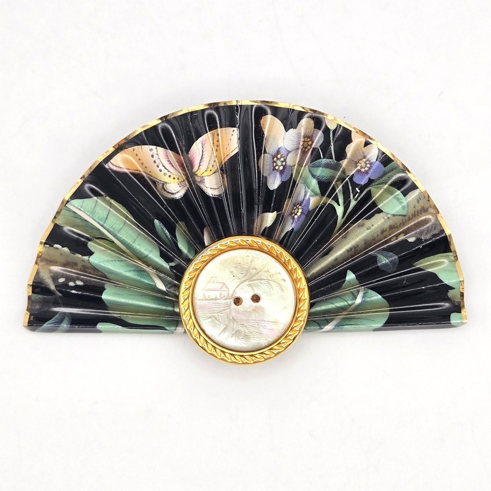 Vintage 1988 Jennings Signed Fan Brooch Mother of Pearl Button Floral